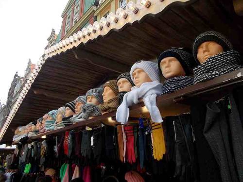 Some hats & socks offered for sale during Christmas market in the city Wroclaw, Poland.