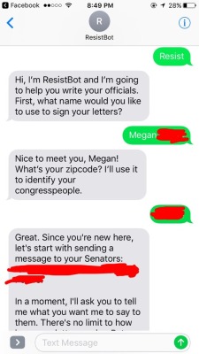 vaspider: indw:  chronically-spoonless: If you are like me and don’t like talking on the phone, here’s a really easy way to get a message to your members of Congress! It’s called ResistBot. Text ‘Resist’ to 50409 and follow the instructions.