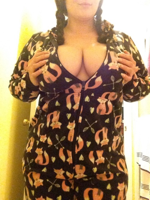 gypsylittleatx: Can’t beat a cozy onesie. @tinyandchubby2 very cute Pjs and love the sexy boob