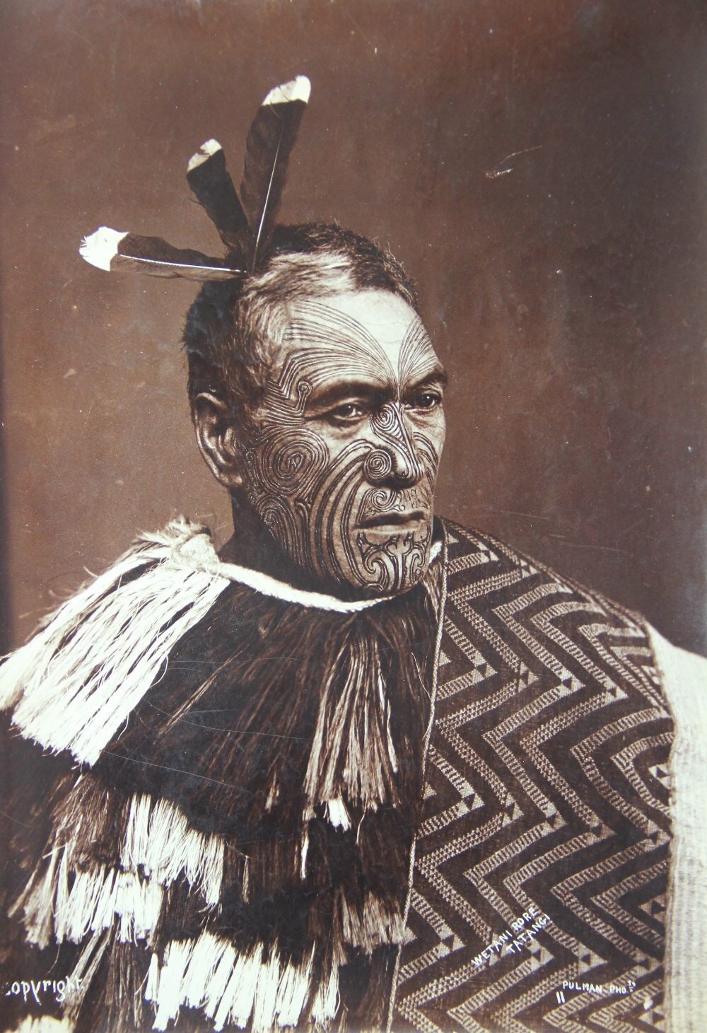 Elizabeth Pulman (1836-1900) - Wetani Rore Tatangi
Albumen photograph. Taken c.1880′s
Pulman is regarded as New Zealand’s first professional female photographer. Note the now extinct huia’s feathers in his hair.