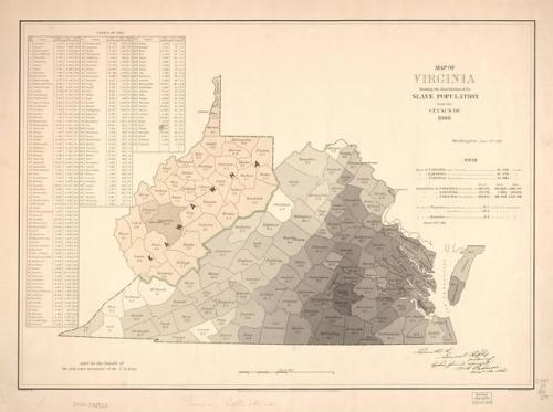 historium:Map of Virginia & Kanawha (later the main part of West Virginia) showing the distribut