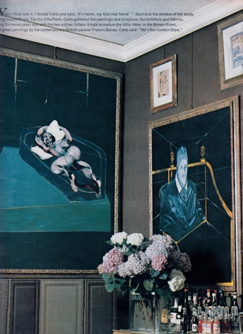 gnarlijen:Sophia Loren at home 1970 with her killer fucking Francis Bacon collection