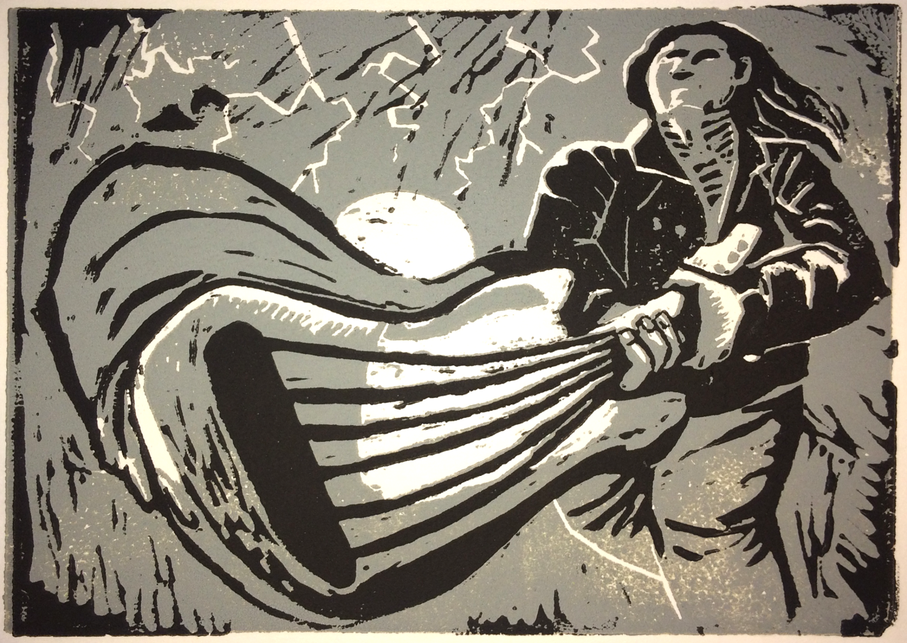 Linocut print: a man in a leather jacket swings a guitar at the viewer. Lightning is jagged in the background. This is an illustration of a piece on the album Bat Out Of Hell Two by Meatloaf!