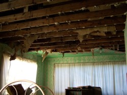 heck-yeah-old-tech: The livingroom of an abandoned house, which was demolished in 2013. The two factors affecting the collapsed drywall ceiling were rain coming through the roof and second-story’s floor – and crackheads going after the copper wiring