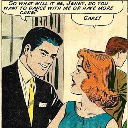 kitschandretro:  You can’t go wrong with cake.  #cake #comics #questions #trueromance