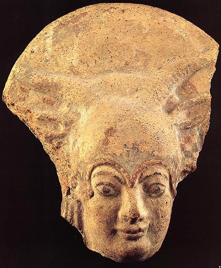 Terracotta antefix representing the head of Juno Lanuvian dating to the early  5th B.C.Rome, Nationa