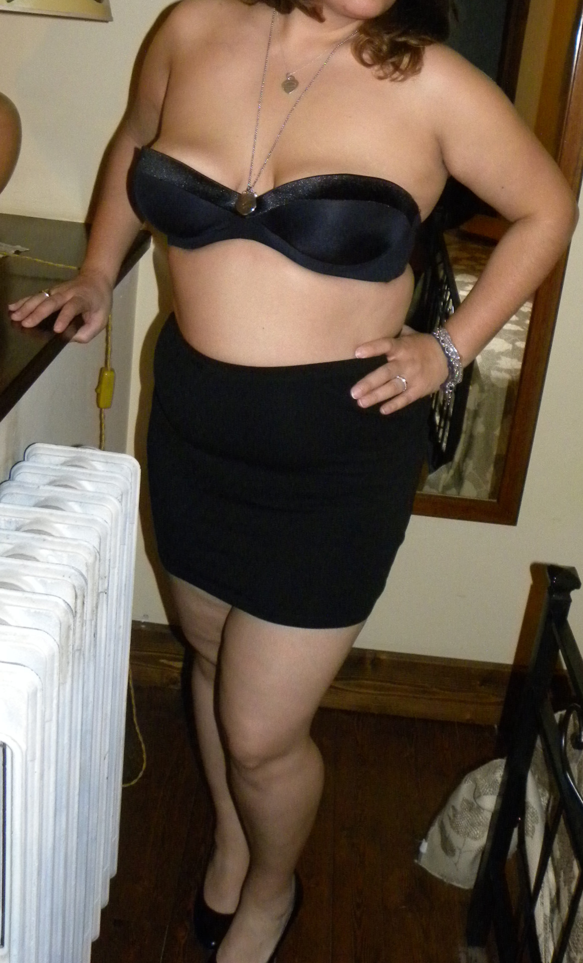 my wife with just bra and mini skirt