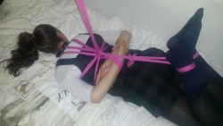 ropesandwhatknot:  Little Lady’s pentagram harness turned into a hogtie. With @ipuppyprincess.