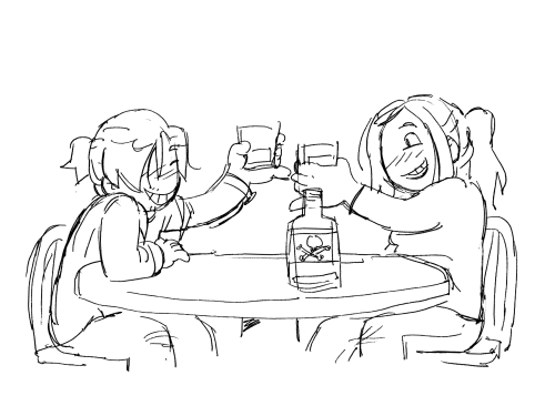 a doodle in a simple style of Leon Kennedy and Claire Redfield drinking together. Both look happy