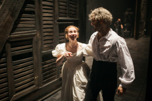 Samantha Hill and Ramin Karimloo leave the stage after the curtain call. Photo by maxgordonphotograp