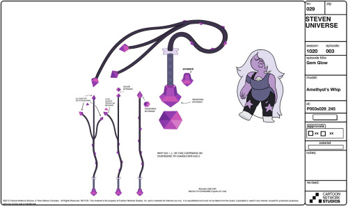 Amethyst and her signature weapon: a whip! Lead Character Designer Danny Hynes (Original design by Rebecca Sugar) Prop Design Angie Wang Color Tiffany Ford