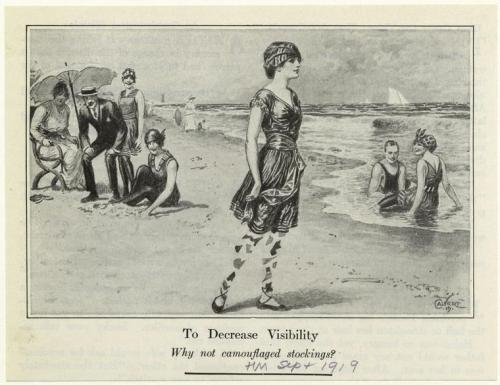 A 1919 cartoon lampooning strict regulations about men’s and women’s beachwear. That sam