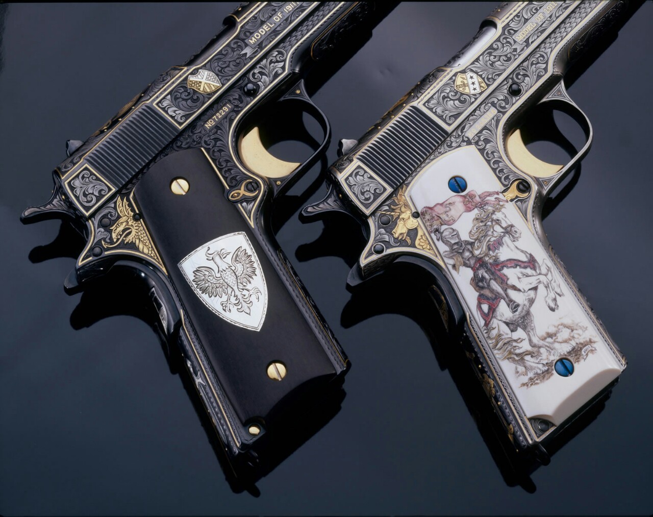 badger-actual:  White and Black Knight, Colt 1911s. 