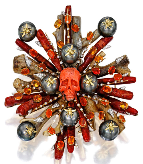 ufansius:Gold, coral, cultured pearl, colored stone, and diamond Memento Mori brooch - Tony Duquette