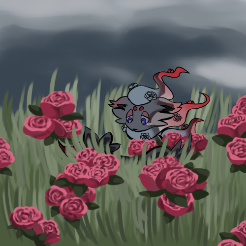 a zorua adorned with roses