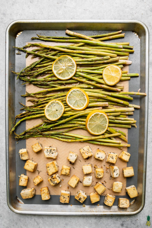  Sheet Pan Lemon Pepper & Herb Tofu with Asparagus and Tahini Dressing / Recipe