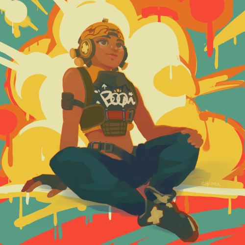 Raze from Valorant sitting cross legged on a graffiti explosion background in teal, orange, and red. She's looking up and a tiny bee is sitting on her cap