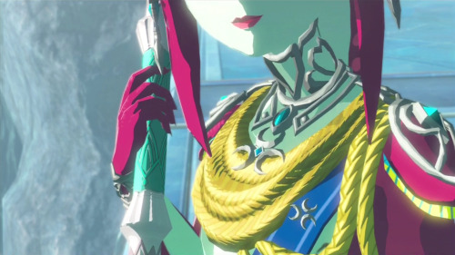 I was comparing Mipha’s earlier gear to her simpler Champion scarf. The blue sash-like thing and the