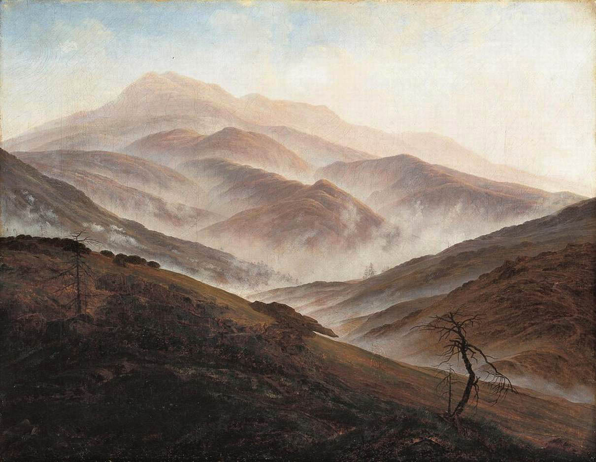ageoftheart:  Giant mountains landscape with rising fog Artist: Caspar David FriedrichYear: 1820Type: Oil