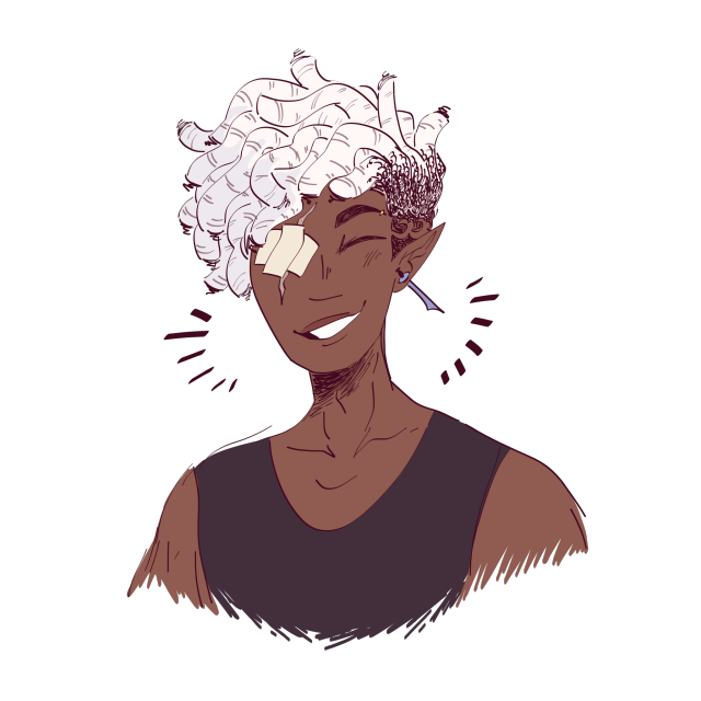 he!!! [ID: a bust drawing of Fabian from Fantasy High. he is a half elf with dark skin and white dreads, with a wave pattern in...