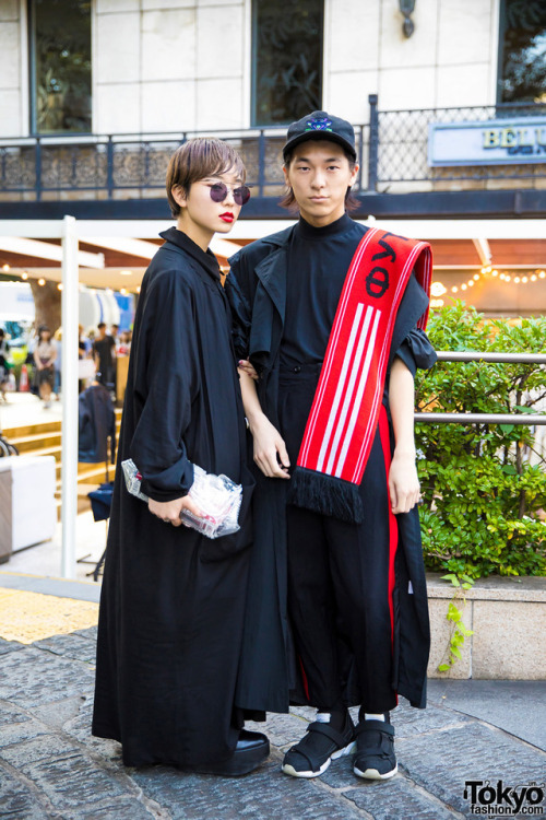 18-year-old Bunka Fashion College students Babuun and Shun on the street in Harajuku wearing dark mi