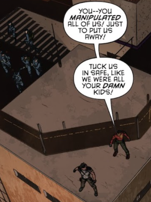 Dick and Duke (Dick in Agent 37 outfit, Duke is his We Are Robin outfit) are standing on a roof. People with guns are approaching them from the shadows. Duke says, "you--you manipulated us! Just to put us away! Tuck us in safe, like we were all your damn kids!'