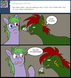 unhinged-pony:  goblin-pony:  ((feat. Unhinged))  Unhinged: WHY DO BAD THINGS HAPPEN EVERY TIME I VISIT YOU!? ( XD Omg that’s hilarious! Thanks for the feature!)   xD Oh Unhinged, you so silly~