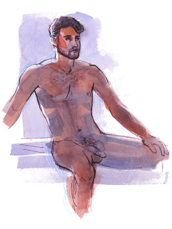 frank-paints-dudes:  MARK, Nude Male by Frank-Joseph20-minute ink and watercolor study of a nude male, drawn from life. Original was painted at 6&quot;x8.“Print available on Society6!