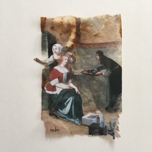 Berckheyde gets a mani-pedi | collage with watercolor on used tea bag