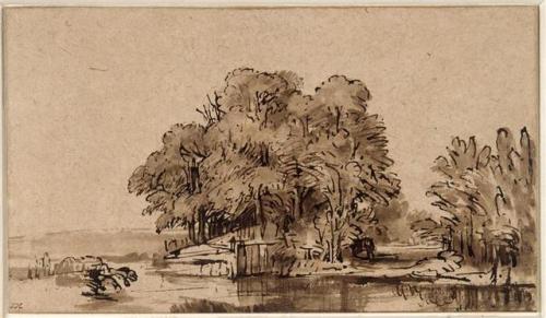 wetreesinart:Rembrandt (Rembrandt van Rijn) (Hollandais,1606–1669), Bouquet d’arbres au bord de l’ea