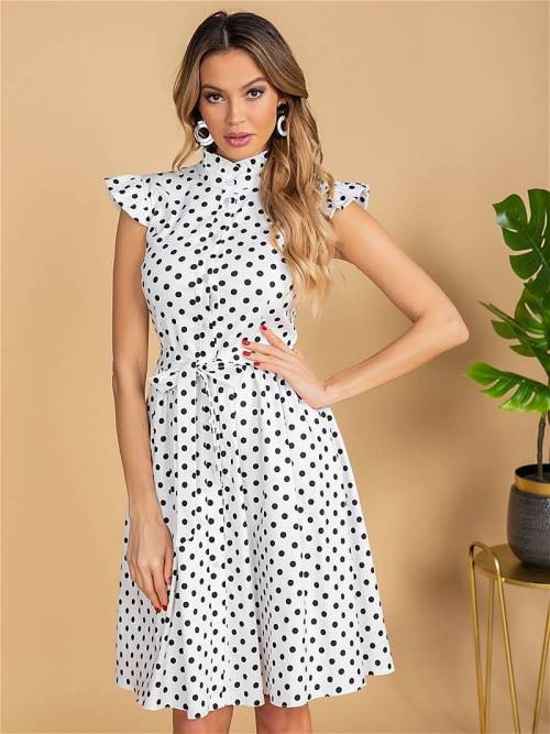 fashionnoteme:Vintage Ruffles Stand Collar Polka Dot Print Single Breasted Sashes A Line Mini Dress 