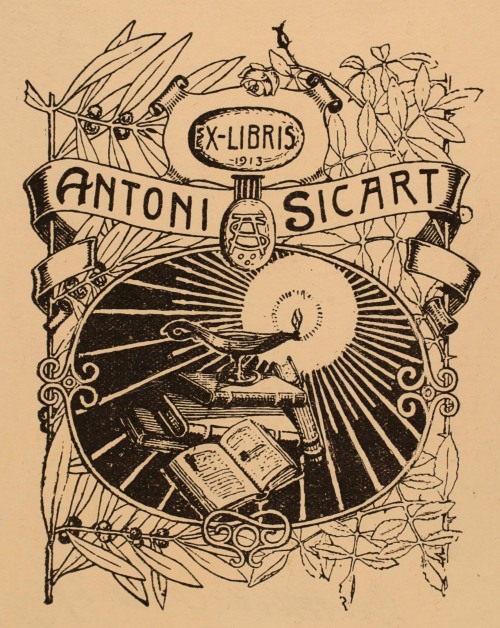 Antoni Sicart bookplate (1913). Artist: J. Zelin. Books and an oil lamp are surrounded by decor