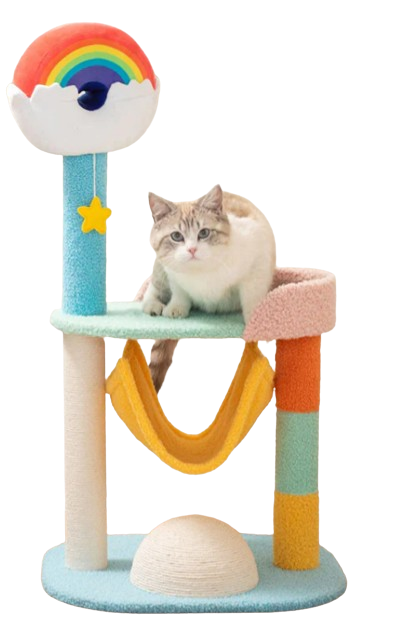 transparent image of a designer cat tree from Happy and Polly with rainbow accents