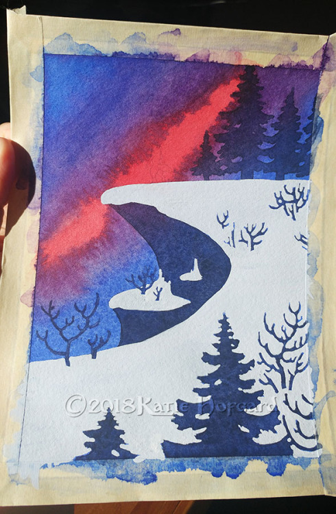 eskiworks: January Skies Artistic freedom 5″ X 7″ watercolor and gouache commission!  The snow parts are a pale blue gouache over the watercolor base gradient, the WIP photos make them look nearly white.  I screwed this painting up the first time