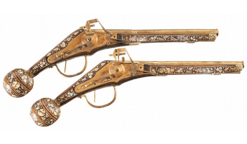 Set of gold and ivory accented 16th century Saxon wheel-lock pistols.