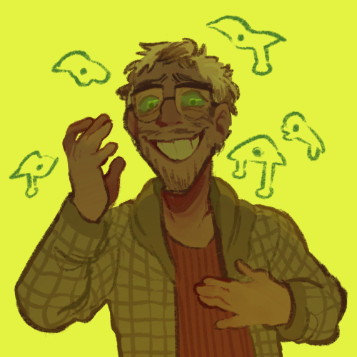 A half-body drawing of Jonathan Sims on a bright greenish-yellow background. His head is tilted up and he's looking down at the viewer with vividly green eyes. He's grinning, but his eyebrows scrunch together in sorrow, or pain. One hand is near his face, while the other rests on his chest. Around him float five green disembodied eyes, all staring at the viewer and dripping, almost as if crying.