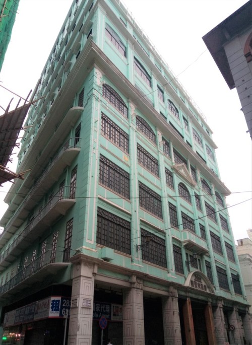 Blue-green buildings in Macau