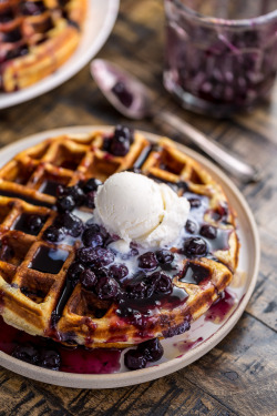 sweetoothgirl:  Greek Yogurt Blueberry Waffles with Fresh Blueberry Sauce