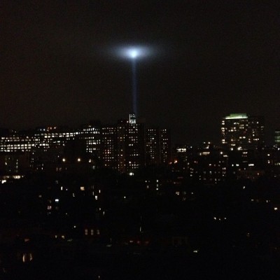 Not a UFO invasion…it’s the annual World Trade Center tribute with two beams of light sent skyward.