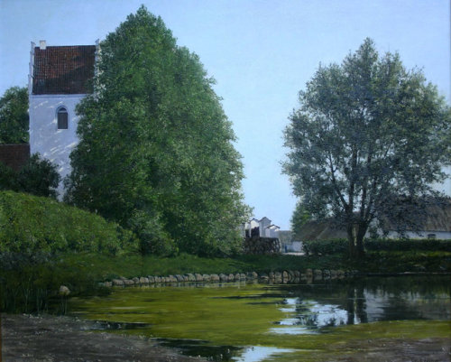 Ole Ring (1902 - 1972) - View of FløngChurch from the Town’s Fire Pond. Oil on canvas.