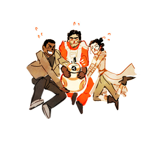 gruhukens: [ID: four digital drawings of Rey, Finn, Poe and BB8 from the Star Wars sequel films, dra