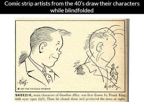 fruitcrocs:alexbbypls:unamusedsloth:  Comic strip artists from the 40’s draw their characters while blindfolded  I love this so much. you can see their thought processes as they were drawing these