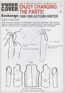 rebel-vault:  Instructions elaborating on the interchangeability of Undercover’s AW98 ‘EXCHANGE’ ready-to-wear collection. [ SOURCE : ‘Enjoy The Changing Parts / Exchange’ ]