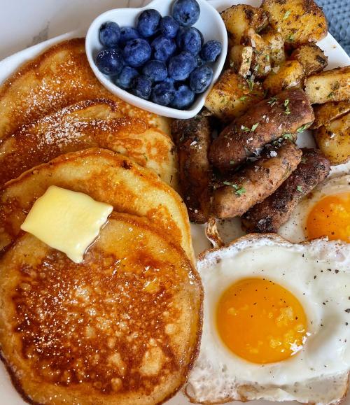 Pancakes, sausage, eggs, & potatoes