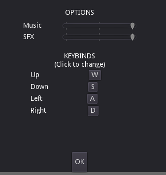 A picture of an options menu for a videogame. There are two sliders labeled "Music" and "Sound effects", and a keybinds option with four labels, "Up", "Down", "Left" and "Right". Each label is next to a button with the corresponding text, currently "W", "S", "A" and "D".