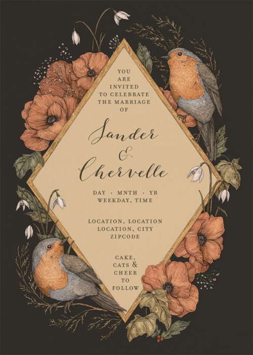 Custom wedding invitation for a winter wedding, featuring robins, poppies, ivy, holly, snowdrops, an