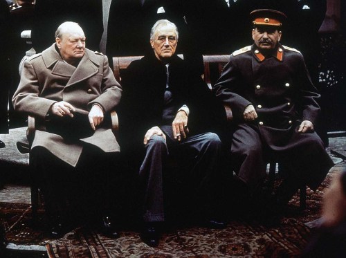 WinstonChurchill, Franklin D. Roosevelt and Josef Stalin sit on the patio ofLivadia Palace during th