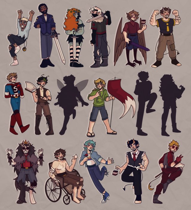 A digital drawing of 14 Minecraft skins of the members of the 3rd Life SMP. It's a line up showcasing all designs. There are 3 dark silhouettes in the middle.