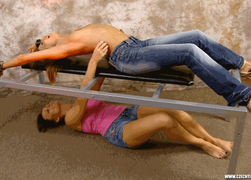 levelupman:  This topless, blue-jeaned beauty gets tickled for being hot. Too bad