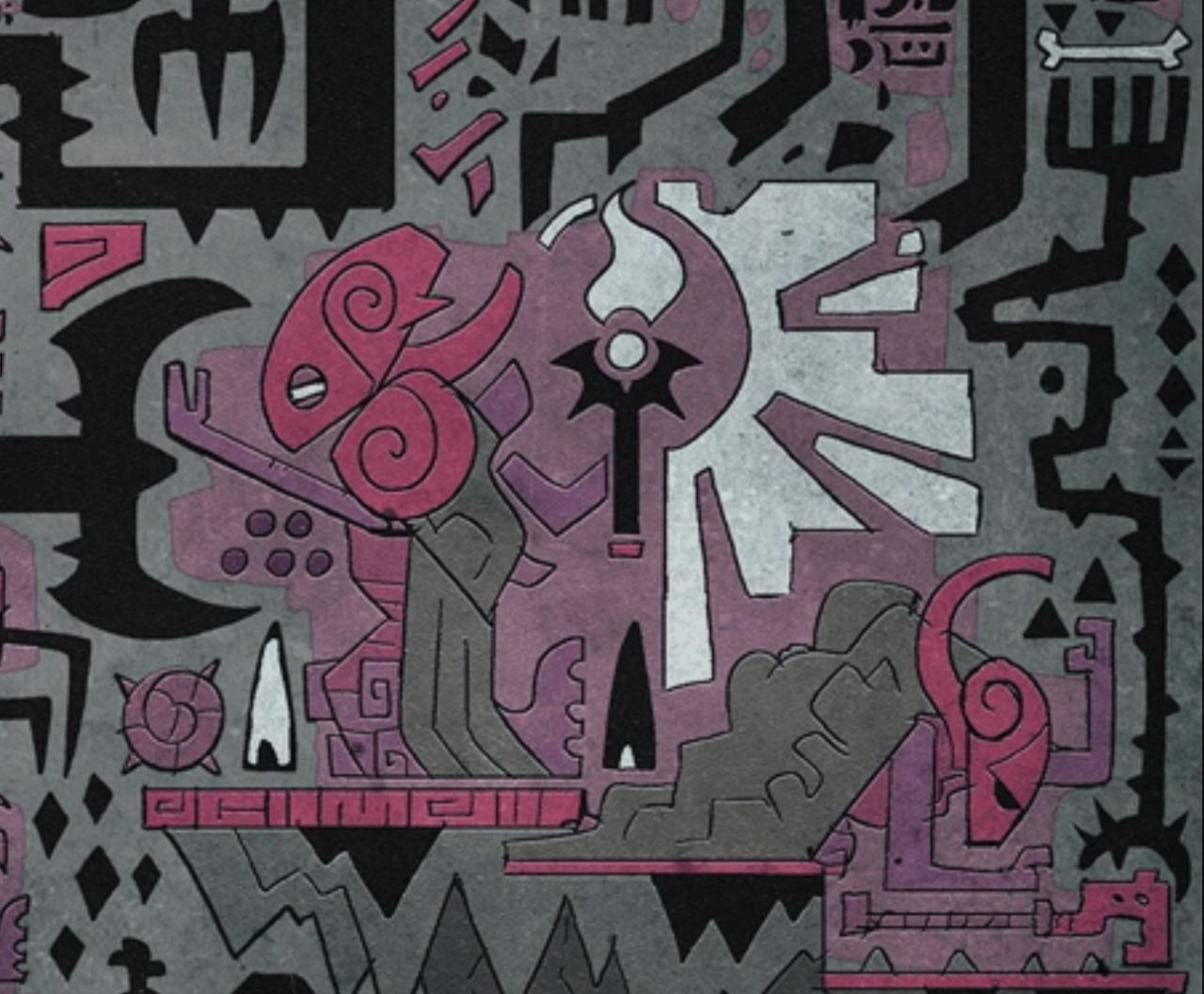 A section of the third mural on the obelisk in Don't Starve's "Metheus Puzzles".   It features an ancient queen using a torch (known as the Tragic Torch) to protect her king from the shadows. The king would later become The Ancient Fuelweaver.